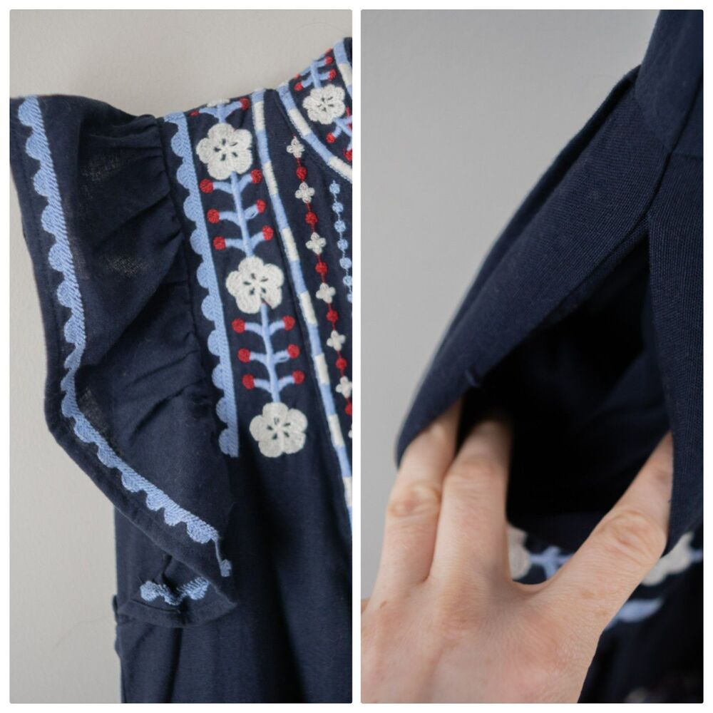 Navy Blue SEA Embroidered Ruffle Summer Shaina Flutter Fourth of July Mini Dress - Picture 6 of 10
